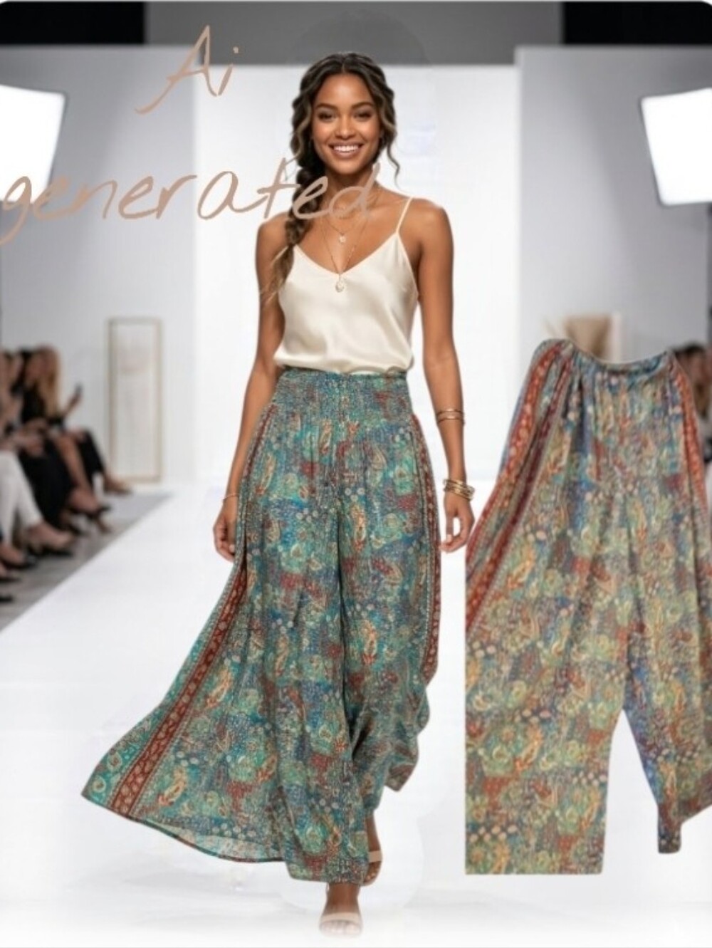 Bohemian Printed Wide-Leg Pants - Turquoise Multi